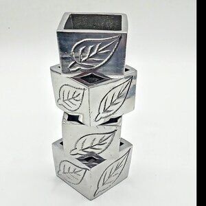 Pier 1 Silver Pewter Etched Leaves Square Napkin Rings